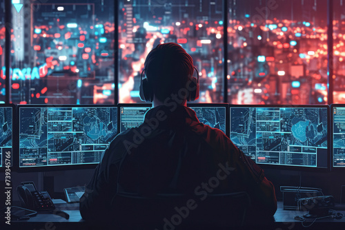Military Surveillance Officer Working on a City Tracking Operation in a Central Office Hub for Cyber Control