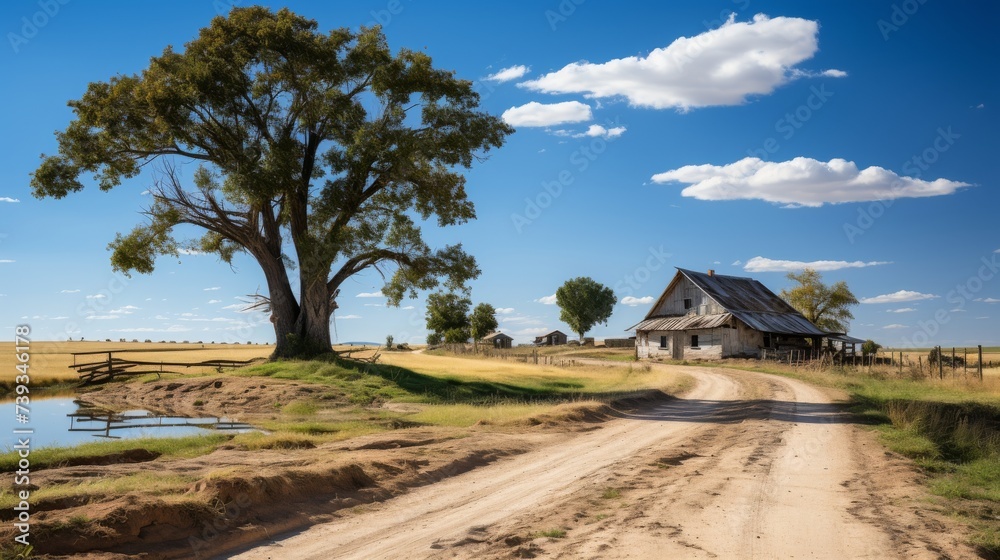 Fototapeta premium A rustic dirt road leading to a quaint farmhouse, surrounded by fields of golden wheat swaying in th