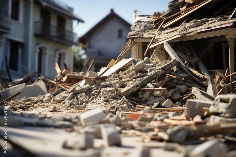 AI generated picture of scary ruined damaged city buildings after an explosion with no people there AI generated picture of scary ruined damaged city buildings after an explosion with no people there