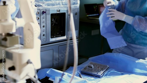 Doctors work in the operating room, installing a neuromicroscope. A medical team prepares equipment for neurosurgery. Vision correction, medical technologies, surgery. photo