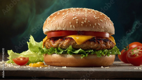 Close up photo of a delicious looking beef burger with tomatoes and lettuce on the side