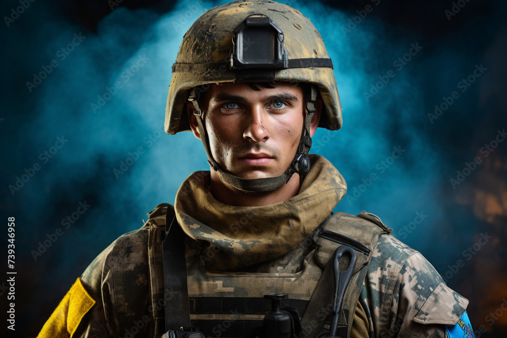 Soldier in military uniform UA flag of powerful army fighting against the aggression generative ai Soldier in military uniform UA flag of powerful army fighting against the aggression generative ai
