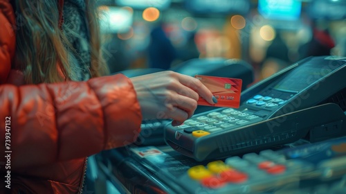 person using a credit card at cashier in a supermarket .