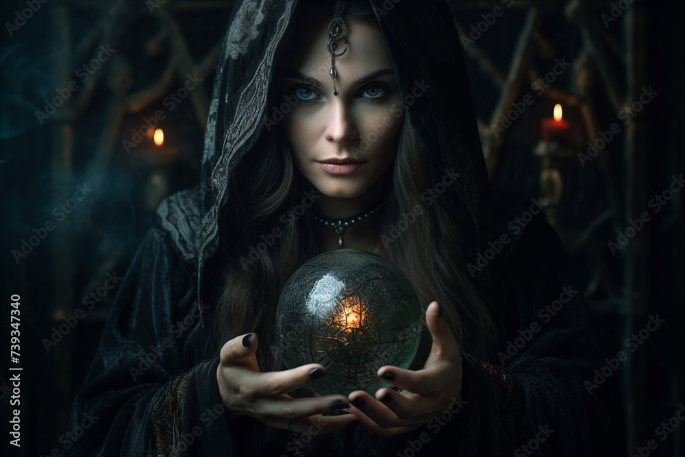 Naklejka premium Digital generative ai collage image of wise witch doing ritual spell