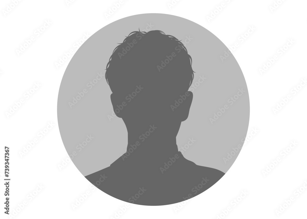 円形の証明写真 若い男性の顔正面アップのシルエット 上半身バストアップのイラスト