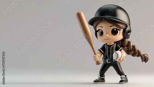 A woman cartoon baseball player in black jersey with equipment
