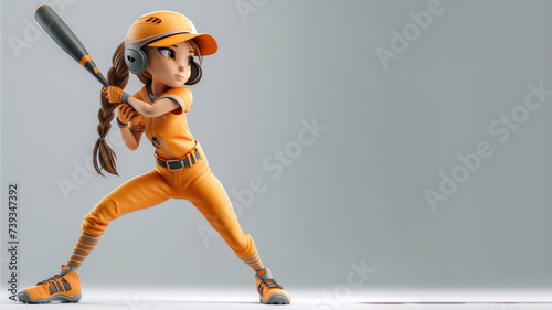 A woman cartoon baseball player in orange jersey with equipment