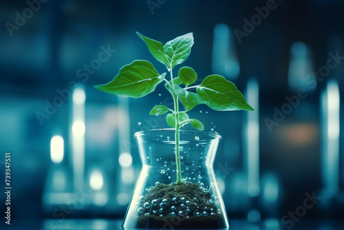 Generative AI picture of science laboratory producing life growing plant in glass