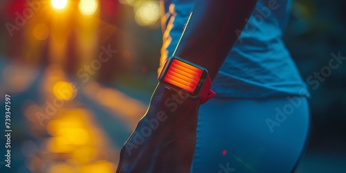 The hand of a marathon runner with a gadget for tracking training and heart rate. Bright sunlight. Concept: programs for sports, outdoor fitness, running to burn calories photo