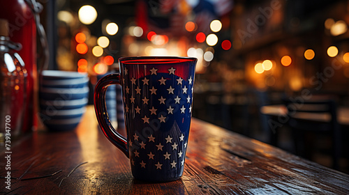 The cup on the wooden table at the party with the American flag