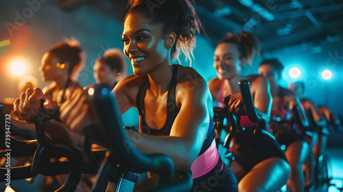 A cycling instructor leading a spin class in a fitness studio motivating participants with high-energy music and dynamic lighting.