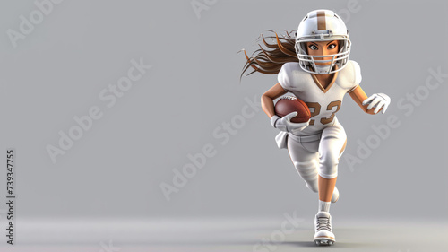 A woman cartoon american football player in white jersey isolated on gray