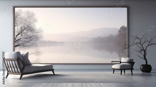 A modern living room with a blank white empty frame  showcasing a serene  black and white photograph of a tranquil lake at sunrise.