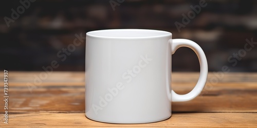 White cup mug on wooden table empty black mock up presentation scene