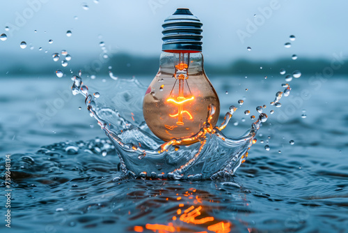 Light bulbs, milk crown droplets flying, ripples spreading, reflections on the calm and still water surface. An inspiration concept for coming up with new and unusual ideas.