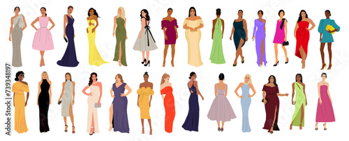 Set of diverse beautiful Women in fashion dress for evening or cocktail party, event. Pretty multiracial girls wearing stylish luxury clothes. Vector illustration isolated on transparent background.