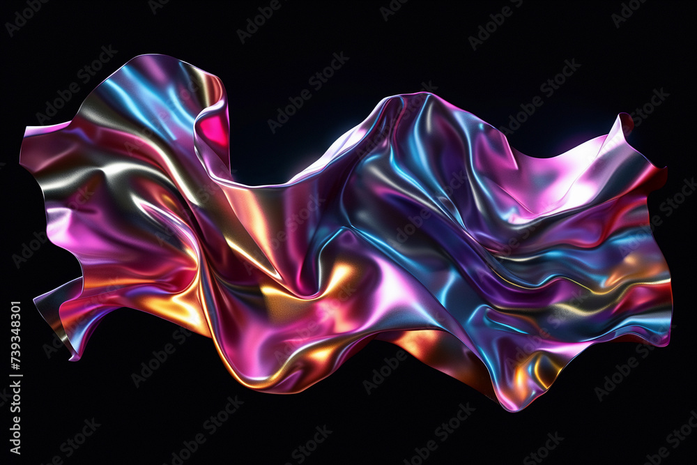 Obraz premium Vibrant abstract holographic shape floating on black background. Transparent glass texture on wavy figure.