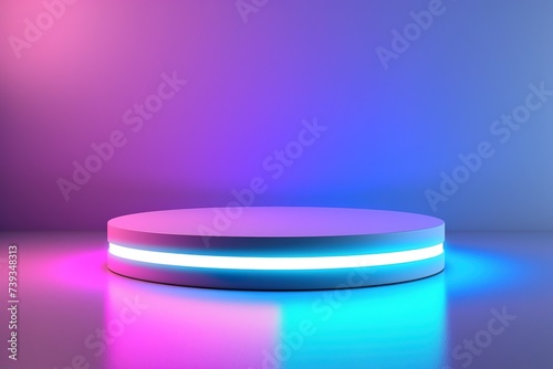 podium minimalis modern dengan cahaya neon, untuk presentasi tampilan produk photo
