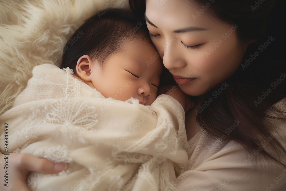 AI generated photo of happy loving mum caring of her sleeping newborn baby at home indoors AI generated photo of happy loving mum caring of her sleeping newborn baby at home indoors