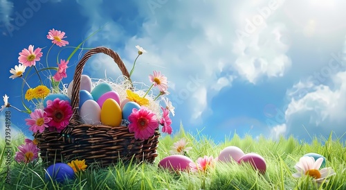 A basket of Colorful Eggs surrounded by Blooming Flowers on a Green Meadow, A Joyful and Festive Scene. Made with Generative AI Technology
