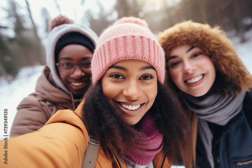 People children family friends couple spending time outdoors winter holidays frosty day Generative AI People children family friends couple spending time outdoors winter holidays frosty day Generative AI