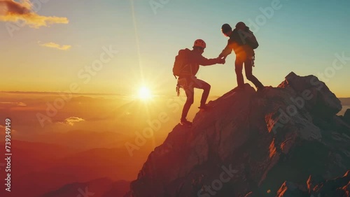 Silhouette of helping hand between two focused climber. Hikers on top of mountain. Men helps each other climb sheer stone rock. Couple alpinist extreme activity. Difficult challenge. Teamwork concept.