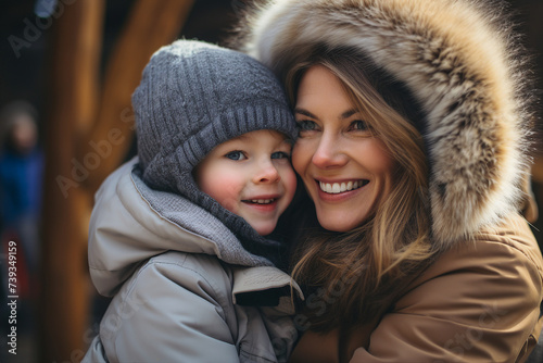 Funny children with mommy spending time outdoors winter holidays frosty day Generative AI