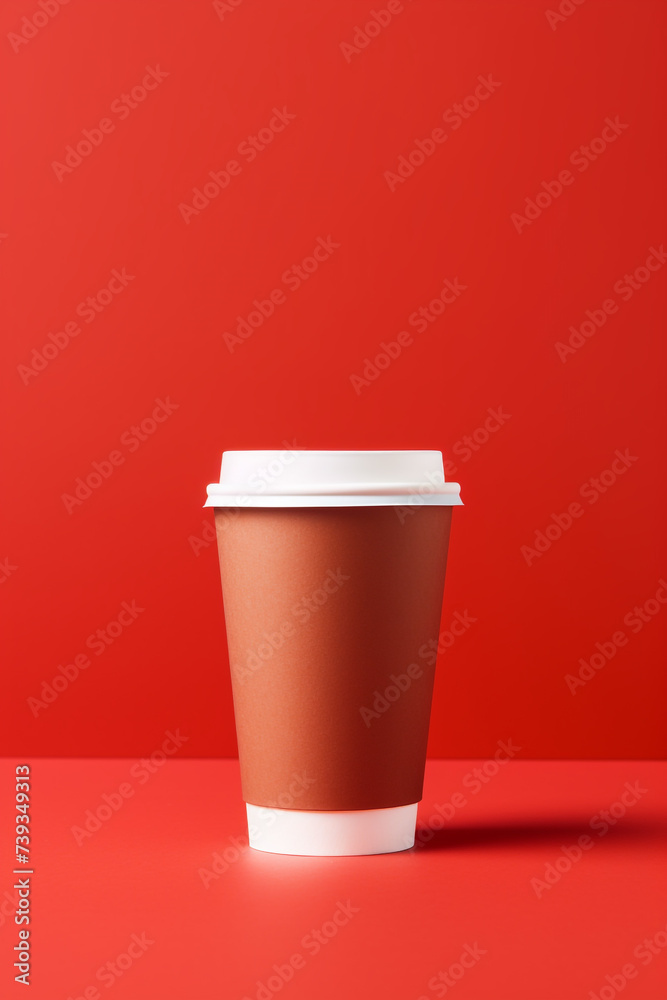 Blank takeaway coffee cup in red background. Disposable eco-friendly cup. Packaging template for product design, branding, and display. Generative AI Blank takeaway coffee cup in red background. Disposable eco-friendly cup. Packaging template for product design, branding, and display. Generative AI