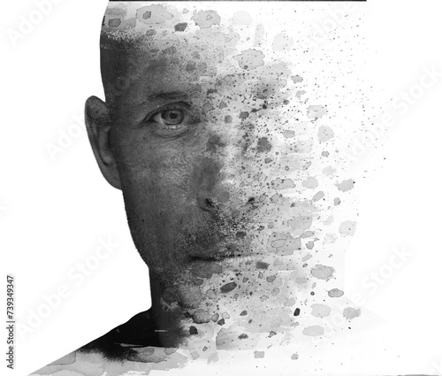 Canvas Print A disappearing black and white double exposure portrait of a man.