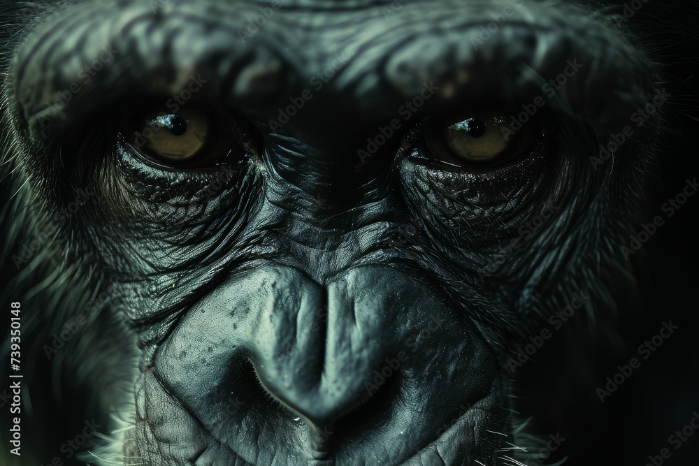 Close-up of a gorilla's intense gaze in dramatic lighting Close-up of a gorilla's intense gaze in dramatic lighting