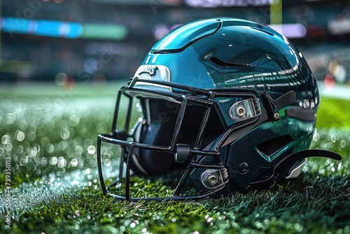 A warrior's protective headdress rests on the soft green blades, awaiting the thrill of battle on the outdoor field of sport, resembling a motorcycle helmet in its sturdy design © Larisa AI