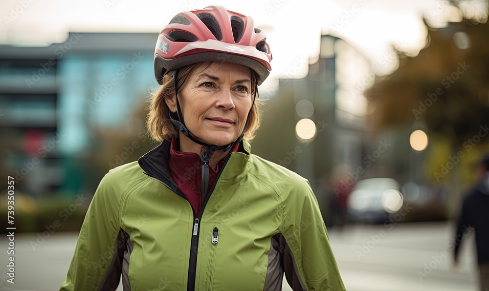 Portrait photography of a woman cyclist wearing cycling helmet in the city park background. Portrait photography of a woman cyclist wearing cycling helmet in the city park background.