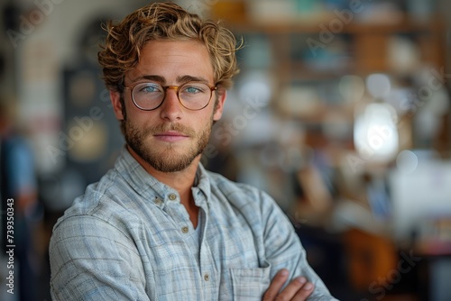A serious and studious man with a well-groomed beard and glasses gazes thoughtfully, his sharp features highlighted by the contrast of his crisp white shirt, embodying intelligence and refined vision