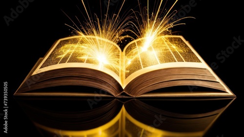 Golden book on black background, golden rays around the book, glow, lines, sparks