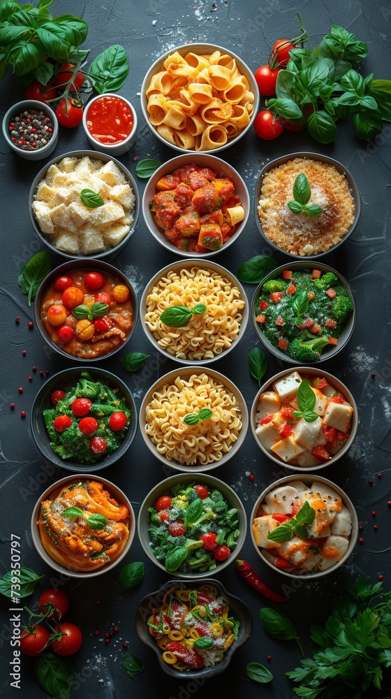 A variety of ingredients for an Italian menu of fresh tomatoes and basil, olives and cheese are located on a dark surface. Concept: food for gourmets and lovers of Mediterranean cuisine. A variety of ingredients for an Italian menu of fresh tomatoes and basil, olives and cheese are located on a dark surface. Concept: food for gourmets and lovers of Mediterranean cuisine.
