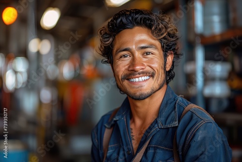 A man's genuine smile radiates warmth and happiness as he poses for a portrait, his casual street clothing adding to the relaxed and approachable vibe of the indoor setting photo