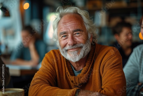 A content man, adorned with a white beard and mustache, sits indoors wearing clothing that highlights the wrinkles of his face, his smile radiating warmth and joy