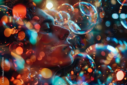 a man surrounded in colorful bubbles