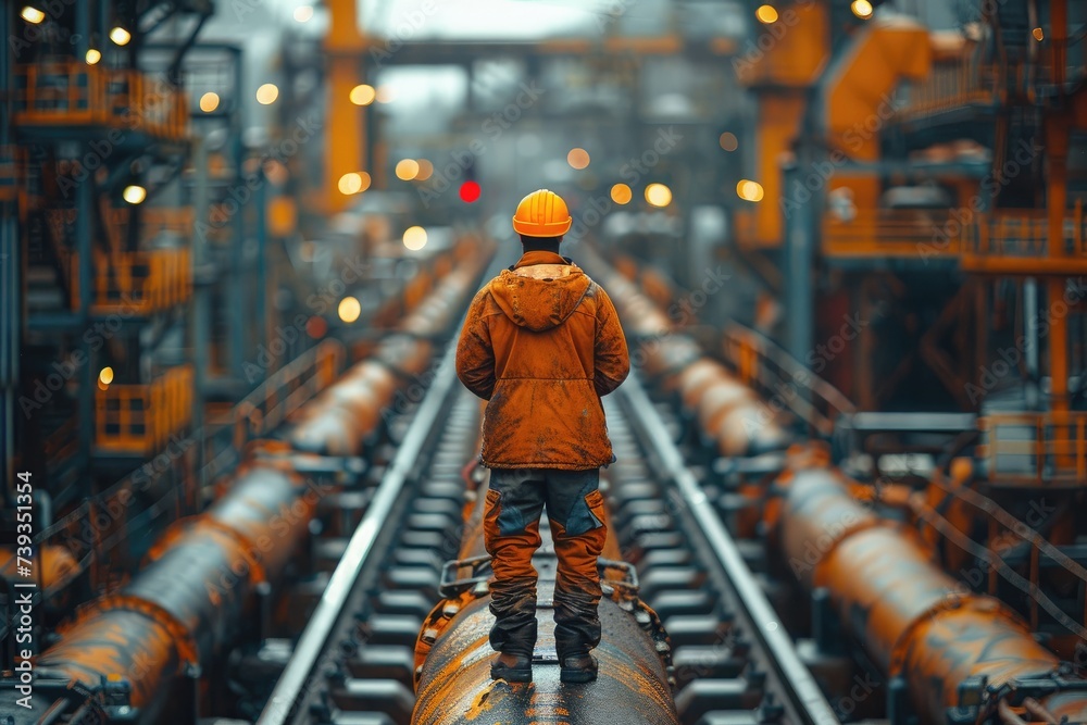 A rugged man stands atop a towering steel pipe, dressed in protective clothing as he oversees the bustling factory floor of the industrial engineering world A rugged man stands atop a towering steel pipe, dressed in protective clothing as he oversees the bustling factory floor of the industrial engineering world