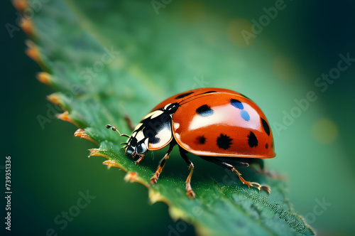 Macro photo of a ladybug on a green leaf