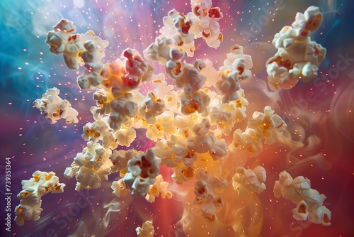 exciting movie popcorn exploding in a ball of colorful smoke