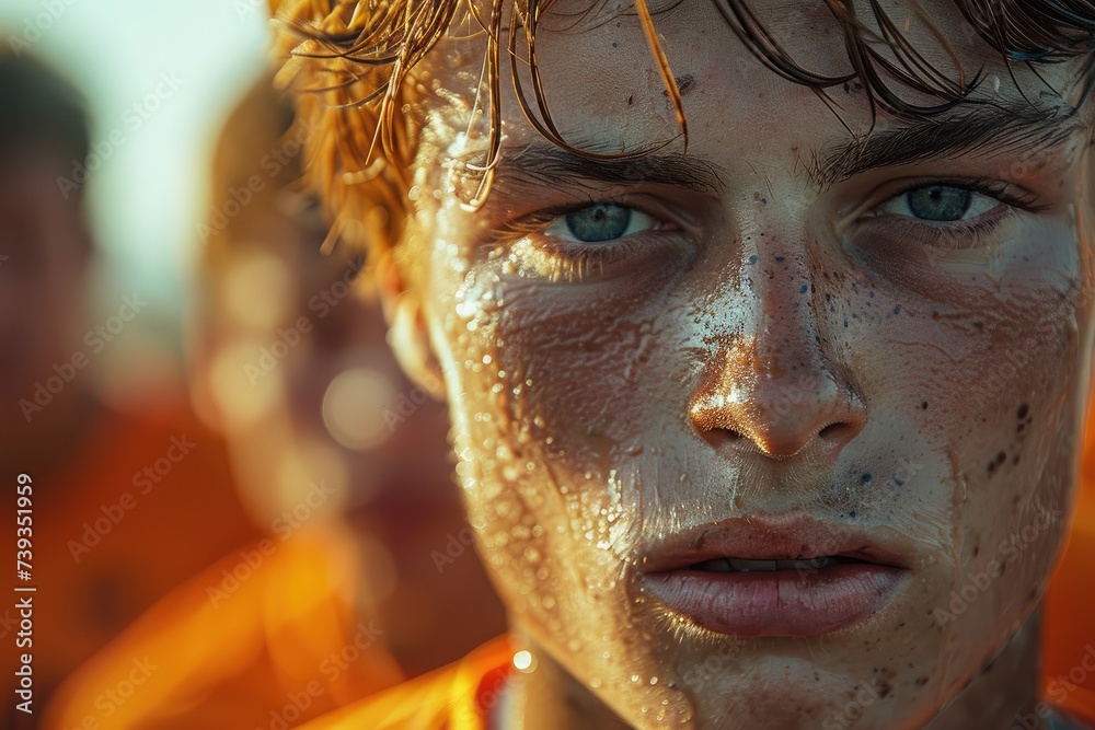 An aging man's face, lined with wrinkles and framed by fiery orange hair, gazes stoically at the viewer, revealing a lifetime of experiences etched into his weathered skin An aging man's face, lined with wrinkles and framed by fiery orange hair, gazes stoically at the viewer, revealing a lifetime of experiences etched into his weathered skin