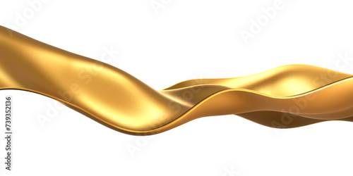3d golden fluid silk ribbon, gold liquid wave isolated on light background. Render of luxury cloth or curtain with wavy folds and shiny gradient effect flying in motion. 3D vector motion background.