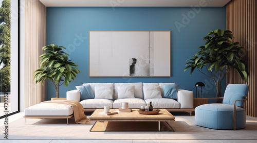A modern living room with a neutral color palette  a vibrant blue accent wall  and minimalist furniture.