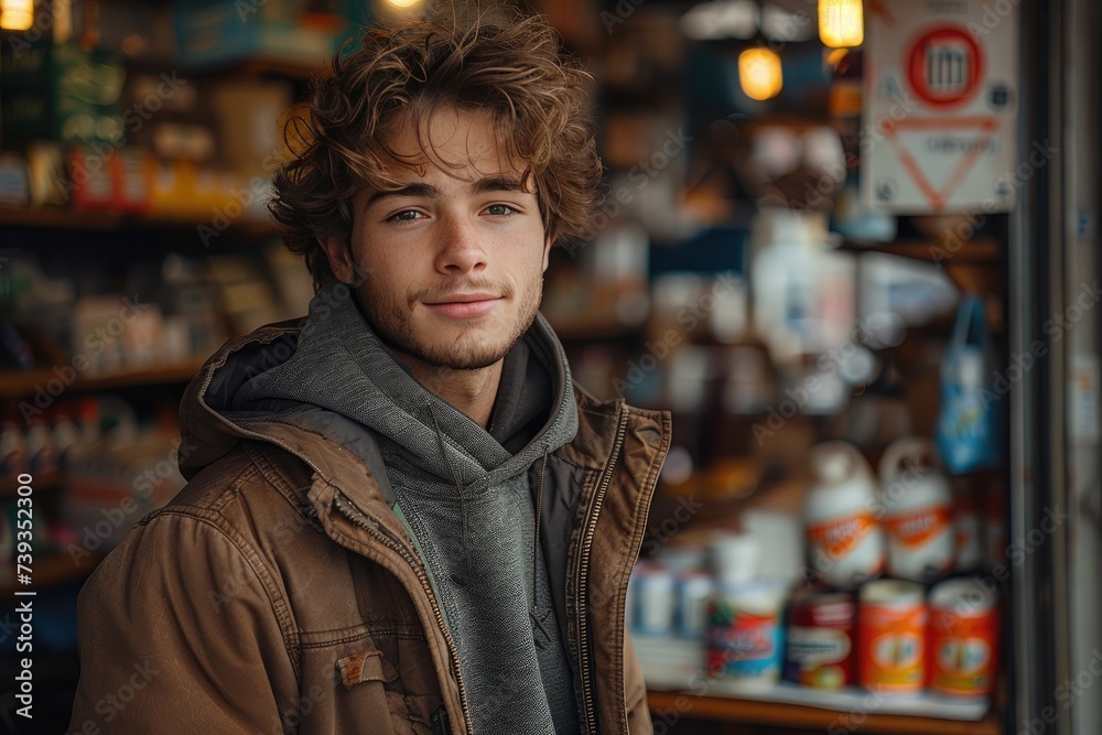 A solitary figure stands in front of a store shelf, his brown coat blending into the urban street behind him, his face obscured by the windswept strands of his hair
