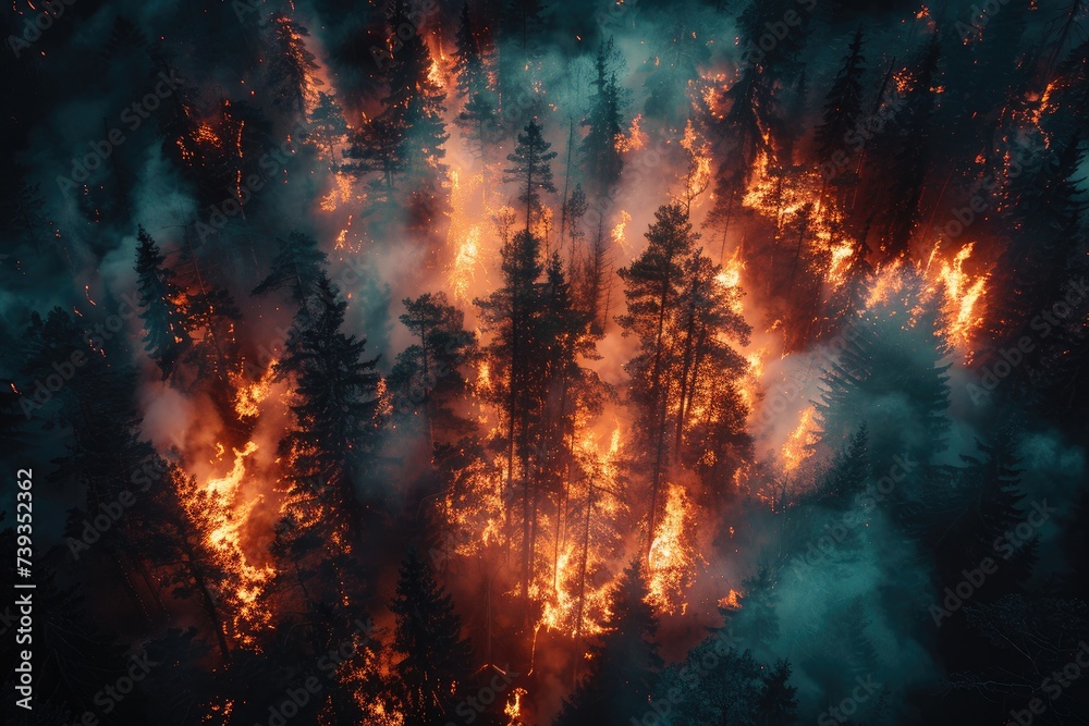 A blazing inferno of fireworks and flames engulf a peaceful forest, suffocating it in thick smoke as trees sway in the intense heat of the outdoor chaos