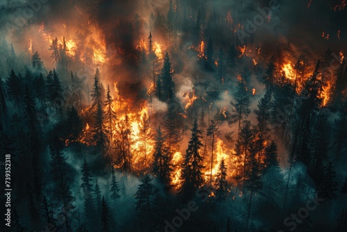 A blazing inferno consumes the tranquil forest, its fiery breath suffocating the surrounding trees with billowing plumes of smoke photo