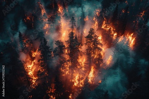 A blazing inferno of fireworks and flames engulf a peaceful forest, suffocating it in thick smoke as trees sway in the intense heat of the outdoor chaos