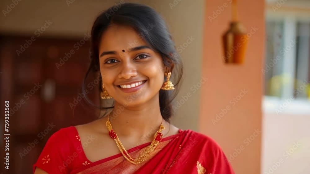 Beautiful Indian woman in traditional sari dress. Married girl with third eye bindi. India culture. Female person portrait. Ethnic Hindu costume. Folk festival clothes. Young adult people look camera.