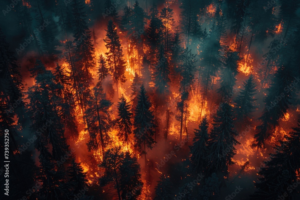 The intense heat of the raging forest fire consumes the lush green trees, creating a billowing cloud of smoke that engulfs the serene beauty of nature - obrazy, fototapety, plakaty 